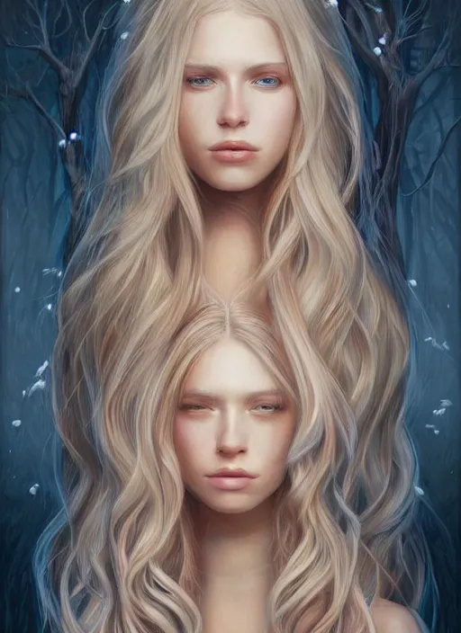 Image similar to a painting of a woman with long blonde hair, a photorealistic painting by magali villeneuve, featured on cgsociety, fantasy art, detailed painting, photorealistic