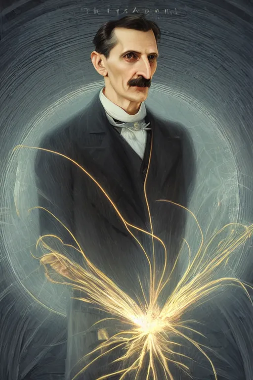 Image similar to a portrait of Nikola Tesla with a background of sparks and electricity, bright lighting, fog, volumetric lighting, intricate, elegant, highly detailed, digital painting, artstation, concept art, smooth, sharp focus, art nouveau, art by artgerm and raymond swanland and alphonse mucha