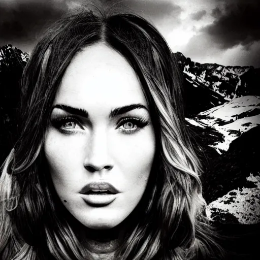 Image similar to double - exposure effect of megan fox face blended in beautiful mountains, in the style of dan mountford, amazing detail, black and white