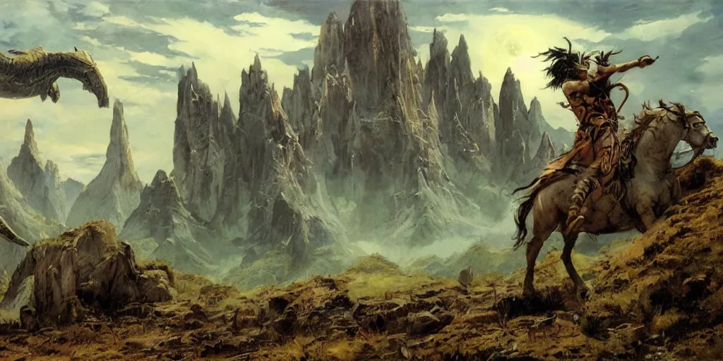 Image similar to epic fantasy landscape in the style of frank frezetta,