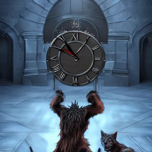 Prompt: a wlop 3 d render of a vampire fighting a werewolf in front of a giant clock face, intricate, extremely detailed, digital painting, artstation, concept art, smooth, sharp focus, illustration, intimidating lighting, incredible art