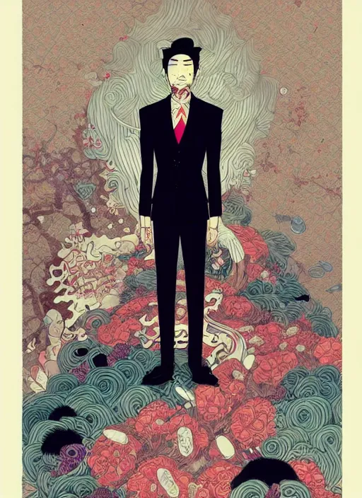 Prompt: beautiful illustration of an old yakuza in a suit, in the style of james jean and victo ngai and sam guay and moebius and sam spratt, vibrant moody colors, trending on artstation