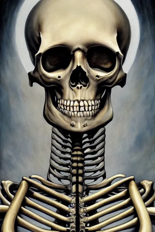 Image similar to an extremely high quality hd a painting of a skeleton with a halo around it's head, poster art by hans ruedi giger, behance contest winner, vanitas, apocalypse art, cosmic horror, darksynth, 8 k, ultra realistic, very realistic