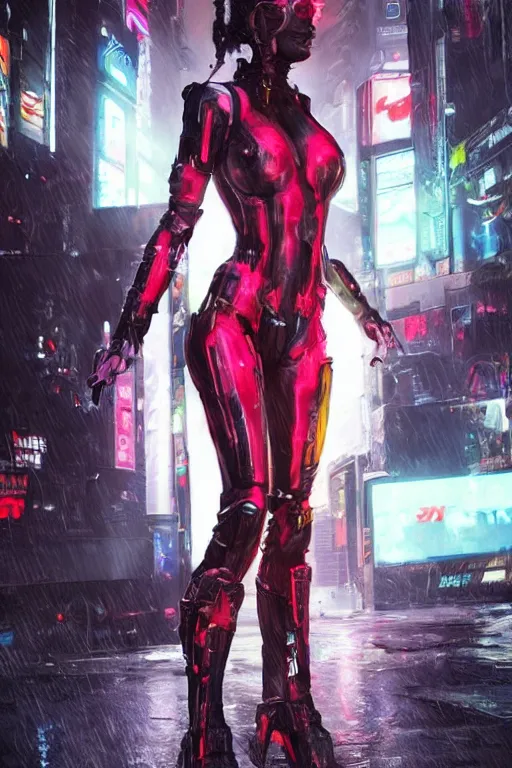 Image similar to An epic comic hyperrealistic full body shot portrait oil painting of a cyber warrrior girl wearing futuristic wardrobe, black and reddis, ultradetailed face expression trending on artstation and artbreeder, cyberpunk 2077 color, heavy rainning at tokyo night, neon light rooftop, unreal 5, DAZ, 8k, unreal 5 engine render, cosplay, RPG portrait, final fantasy Vll world concept, dramatic lighting, rim lights, PS5 render quality