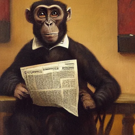 Prompt: dapper monkey in a business suit reading a newspaper in a quiet cafe, oil on canvas in the style of Rembrandt, highly detailed, intricate, realistic,