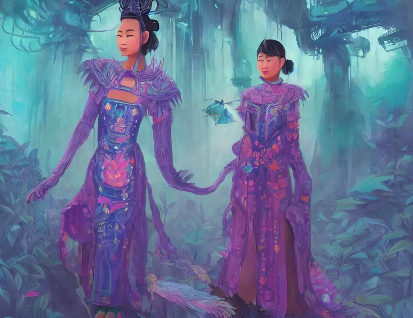 Prompt: southeast asian scifi princess of the cloud forest, wearing a lovely dress with cyberpunk details. this oil painting by the beloved children's book author has an interesting color scheme and impeccable lighting.