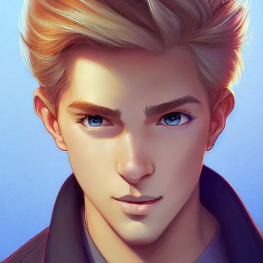 Prompt: young man with short, ash blond hair, path traced, highly detailed, high quality, digital painting, by don bluth and ross tran and studio ghibli and alphonse mucha, artgerm, 4 k, fantasy painting, pixar animation style, rossdraws, wlop, sylvain sarrailh