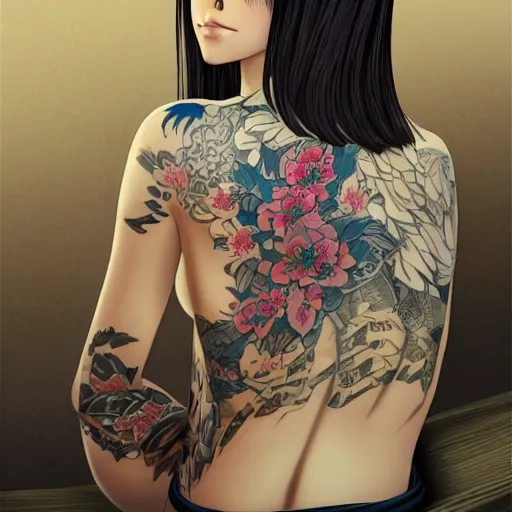 Prompt: a young and beautiful yakuza girl sitting with her back uncovered dropping her kimono, looking backwards, with a beautiful big tattoo painted on her bare back, character art, illustration, elegant, 2d, ultra highly detailed, digital painting, smooth, sharp focus, artstation, pixiv, art by Ilya Kuvshinov The seeds for each individual image are: [3632825773, 2384978157, 1419570242, 3496274275, 1666943502, 2284264770]