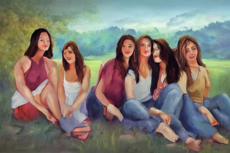 Image similar to beautiful painting of friends, beautiful faces, sitting on the edge, cute, soft light, digital painting by belotto bernardo