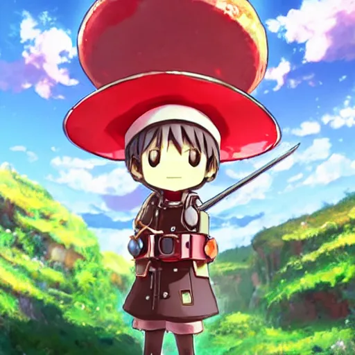 Image similar to cute robot with big tomato hat and a chive sword, made in abyss style