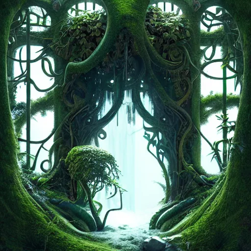 Prompt: doorway to a creature in a lush trunda vegetation, snow snow :: by Michal Karcz, Daniel Merriam, Victo Ngai and Guillermo del toro :: ornate, dynamic, particulate, intricate, elegant, highly detailed, centered, artstation, smooth, sharp focus, octane render, 3d