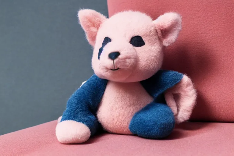 Image similar to a high quality 3 5 mm photo of a pink chubby stuffed animal kangaroo wearing a dark blue shirt, sitting on a couch, an ultrafine detailed photo, trending on artstation, sharp focus, baby toy