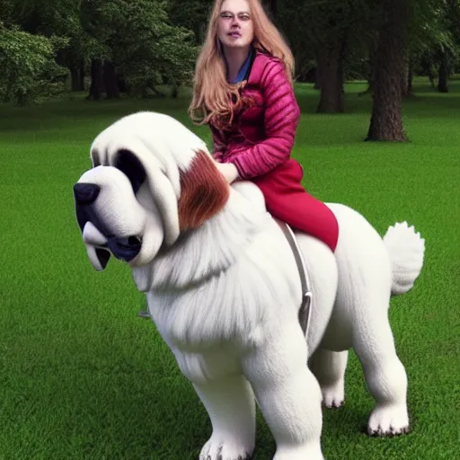 Image similar to girl riding a giant saint Bernard in the park, trending on artstation