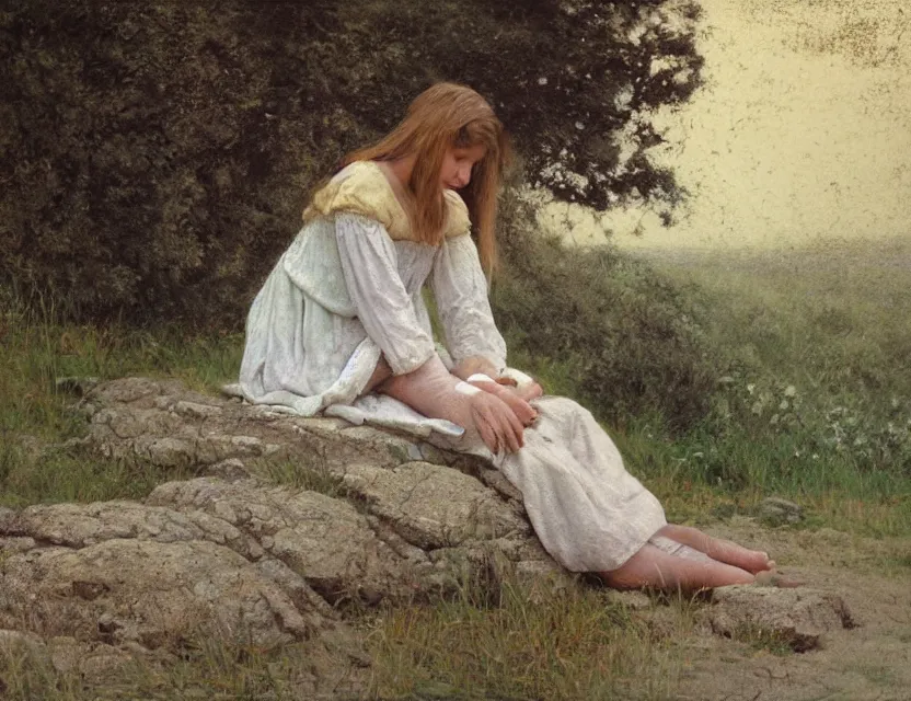 Image similar to peasant girl sitting on a stone by a shore of river, cottage core, cinematic focus, polaroid photo bleached vintage pastel colors high - key lighting, soft lights, foggy, by steve hanks, by lisa yuskavage, by serov valentin, by tarkovsky, 8 k render, detailed, oil on canvas