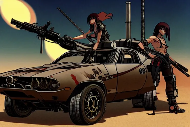 Image similar to masamune shirow dieselpunk mad max mustang mach 1 with guns installed makoto shinkai takashi takeuchi studio ghibli, akihiko yoshida