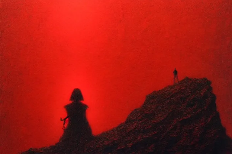 Prompt: only with red, a red shinigami eat apple, mars in background, an ancient path, in the style of beksinski, part by hopper, part by rodcenko, part by hofbauer, intricate composition, red by caravaggio, insanely quality, highly detailed, masterpiece, red light, artstation