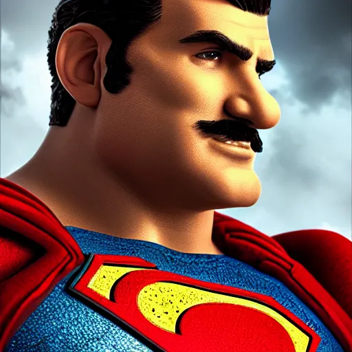 Prompt: portrait of super mario as superman in gears of war, splash art, movie still, detailed face, photorealistic facial features, cinematic lighting, dramatic, octane render, long lens, shallow depth of field, bokeh, anamorphic lens flare, 8 k, hyper detailed, 3 5 mm film grain