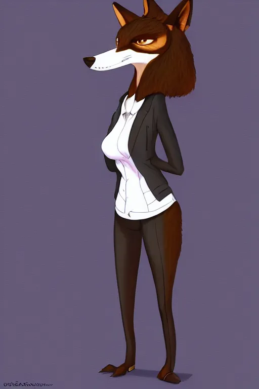 Image similar to art of anthromorphic female wolf, in style of cory loftis, female fursona, furry, furaffinity, 4 k, deviantart, furry art, fursona art, wearing black business suit, business suit, in style of cory loftis, wolf fursona, cyberpunk, female, very expressive detailed feminine face,