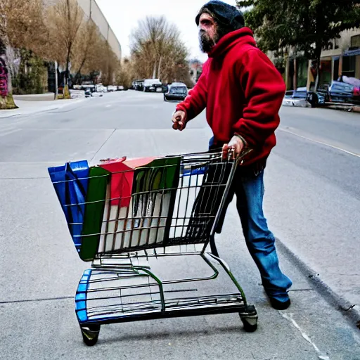 Prompt: a photograph of homeless jesus pushing a shopping cart