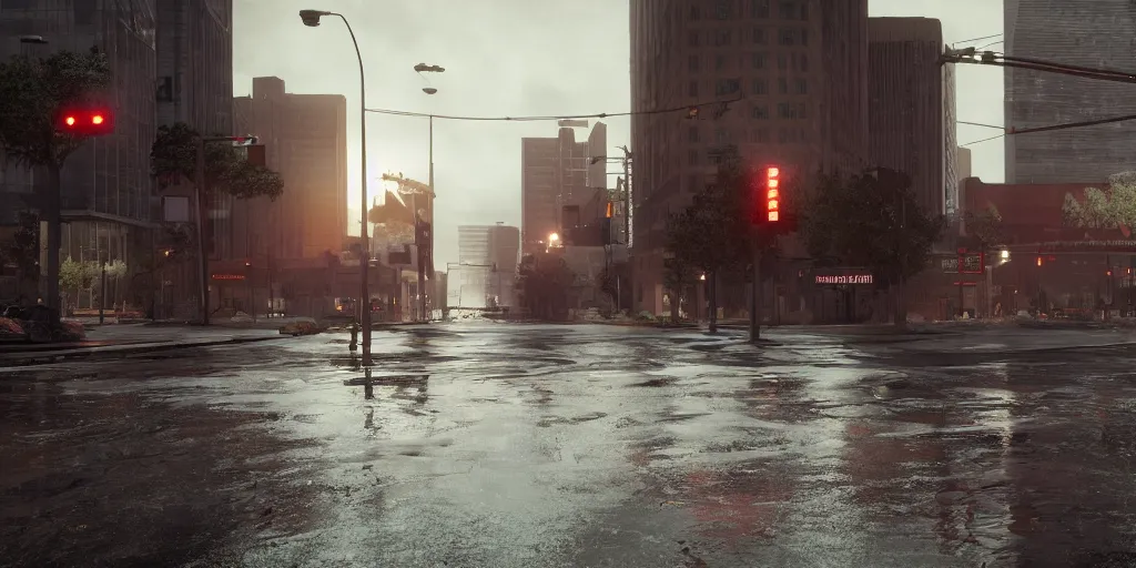 Prompt: the truth is, i'm pregnant with the child of downtown denver with heavy rain, cinematic, ultra - realistic, ultra - detailed, octane render, unreal engine 5, depth of field