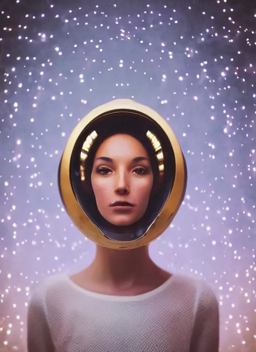 Prompt: photograph portrait of a very pretty!!! woman! symmetric face, petzval lens. out of focus, look at the camera. in an very detailed elegant gold astronaut costume. futuristic helmet, led lights reflections. space station. by alesio albi and george lucas and stanley kubrick