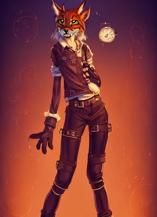 Image similar to wide angle beautiful full body portrait of a dancing female anthropomorphic anthro lynx fursona wearing steampunk leather pants and no boots, paw pads instead of feet and arms, character design by alena aenami, disney, anime, manga, artgerm, furaffinity, detailed, soft lighting,