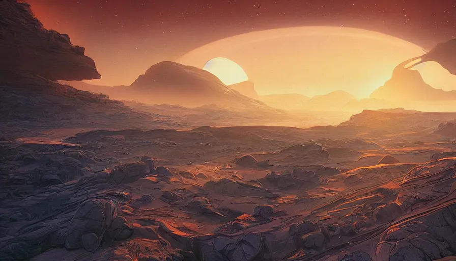 Prompt: a beautiful painting of an alien world, ray traced lighting by jean claude mezieres