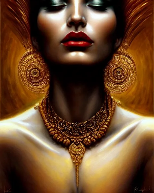 Image similar to portrait of a beautiful goddess, enigmatic beauty, dominant shades of black, gold silver, dark red, white, head in focus, fantasy art, ornamental aesthetics, intricate, elegant, highly detailed, hyperrealistic painting, artstation, concept art, painterly, sharp focus, illustration, art by karol bak