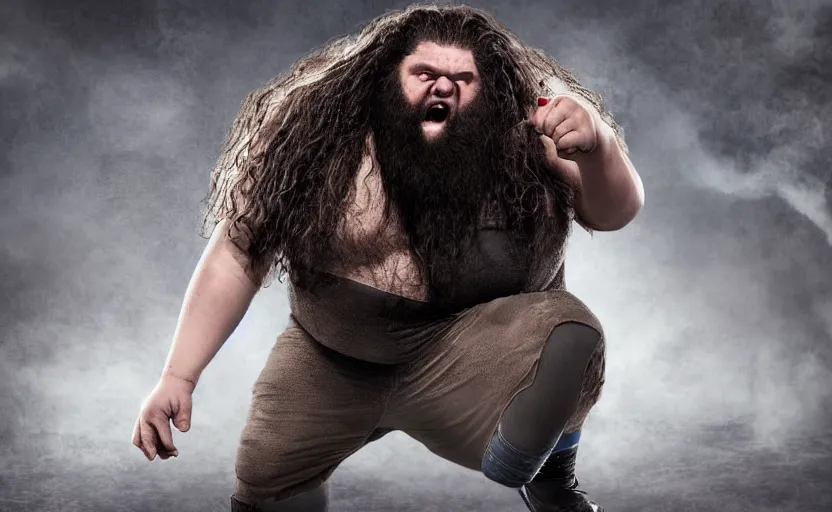 Prompt: Award winning photo of wrestler Rubeus Hagrid fighting in a ring in the WWE, realistic, detailed face,