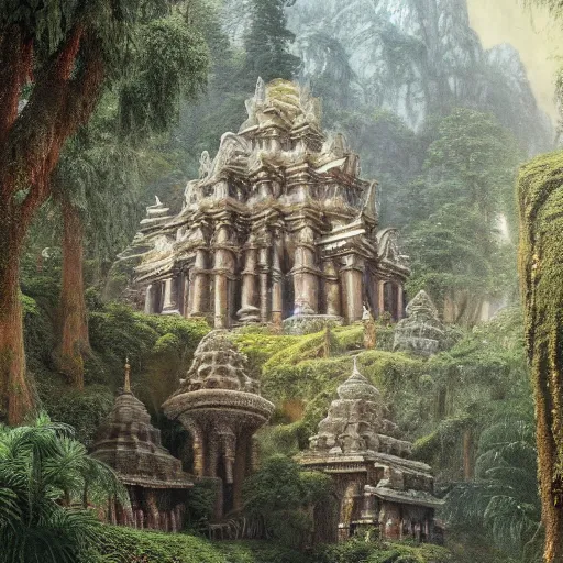 Image similar to a beautiful and highly detailed matte painting of a dwarven temple in a magical fantasy garden in a lush forest in the mystical mountains, intricate details, epic scale, insanely complex, 8 k, sharp focus, hyperrealism, very realistic, by caspar friedrich, albert bierstadt, james gurney, brian froud,
