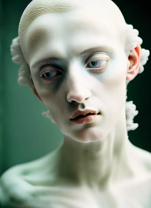 Prompt: cinestill 5 0 d photo portrait of a beautiful hybrid woman in style of paolo roversi by roberto ferri, weird marble body by bernini, intricate ornamental hair, 1 5 0 mm lens, f 1. 4, sharp focus, ethereal, emotionally evoking, head in focus, volumetric lighting, opal colors outdoor