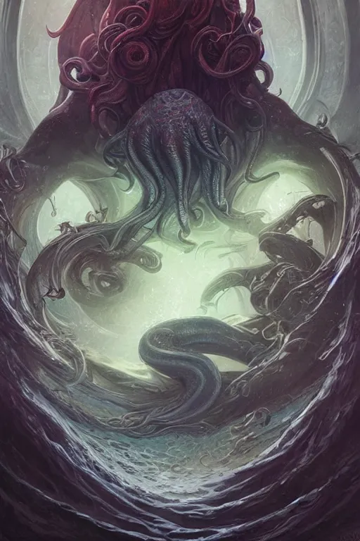 Image similar to Cthulhu in deep sea with deep ones, COC, fantasy, intricate, highly detailed, digital painting, artstation, concept art, smooth, sharp focus, illustration, art by artgerm and greg rutkowski and alphonse mucha