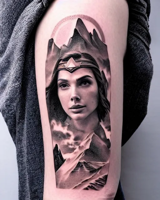 Image similar to creative double exposure effect tattoo design sketch of beautiful gal gadot faded with beautiful mountain scenery, realism tattoo, in the style of matteo pasqualin, amazing detail, sharp