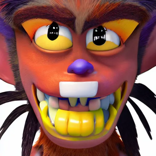 Prompt: upclose portrait of crash bandicoot making a crazy face, digital art, vivid colors, by hirohiko araki, very detailed picture with lots of emotion, trending on artstation, high fidelity, 8 k, has a very realistic look to it, hyper realism