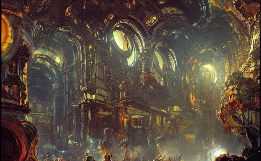 Prompt: baroque neoclassicist sci - fi colorful chrome marble halls of creation. iridescent textures. glowing fog, black background. highly detailed fantasy science fiction painting by moebius, norman rockwell, frank frazetta, and syd mead. rich colors, high contrast, artstation