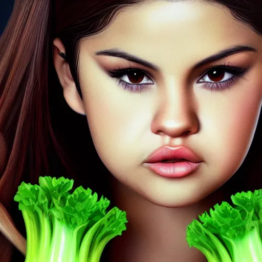 Image similar to photorealistic digital painting of selena gomez as celery hybrid mutant, hd, artstation, 4 k wallpaper