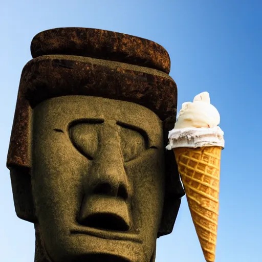 Image similar to a very disgusted and crying kid holding and looking an ice cream cone with a small moai statue in the cone, 4 k photograph