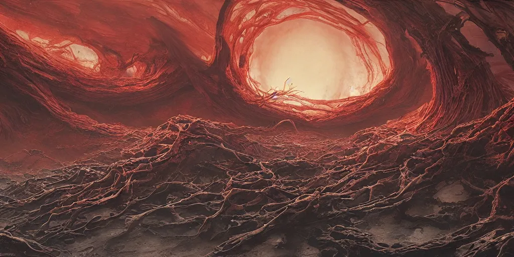 Image similar to supernova tornado, alien surface planet covered with black tree roots, red desert mars, norilsk, painted by ruan jia, raymond swanland, lawrence alma tadema, zdzislaw beksinski, norman rockwell, jack kirby, tom lovell, alex malveda, greg staples, steve mccurry