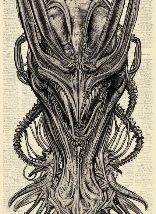Image similar to full page scan of vintage anatomical drawing of Xenomorph, intricate details, faded colors, necronomicon style, illustration, intricate writing, symmetry, concept art