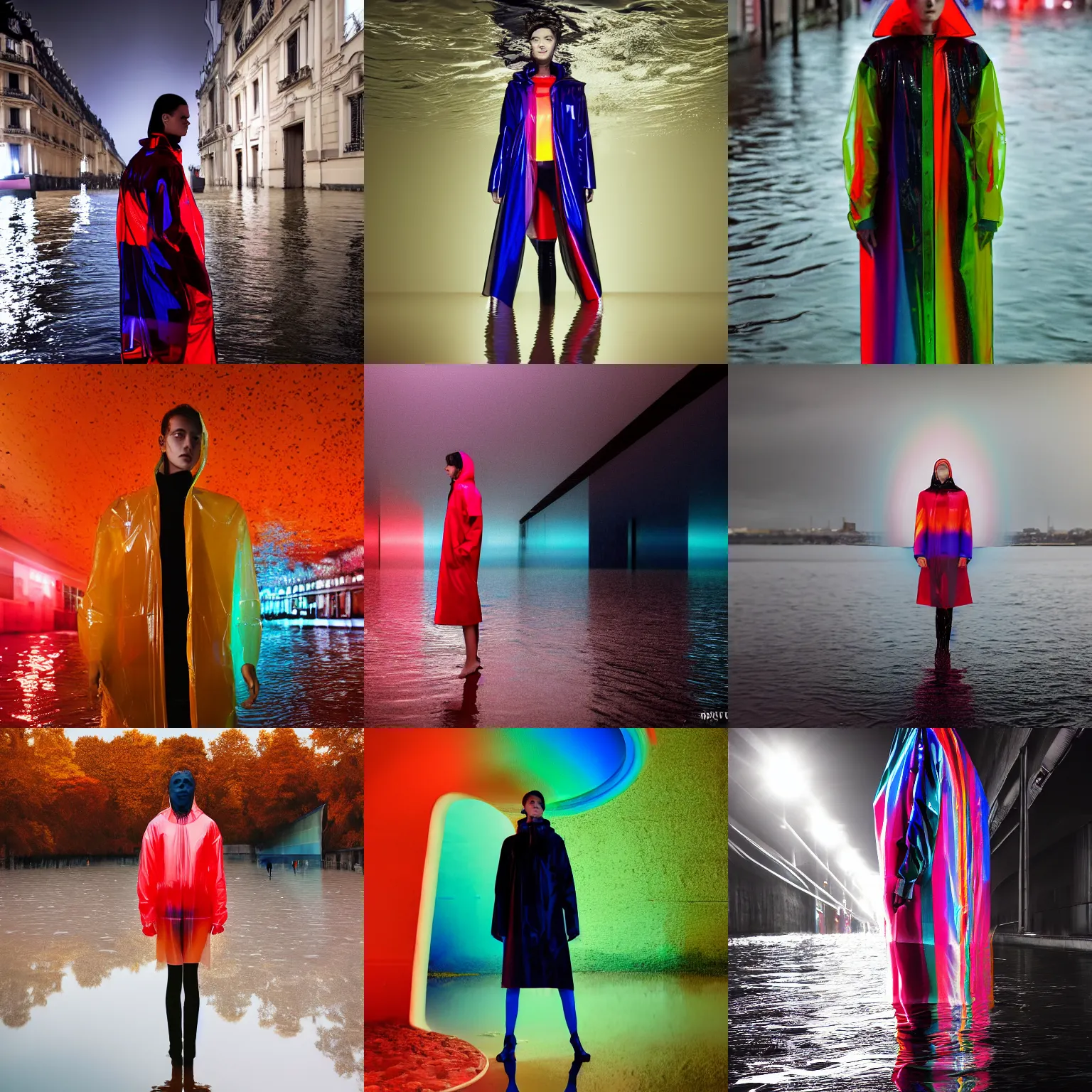 Prompt: Fall lookbook fashion photoshoot of unusual model standing waist high in heavy nighttime parisfloods, submerged to waste, wearing a translucent red refracting rainbow diffusion wet plastic zaha hadid designed specular highlights raincoat by Nabbteeri, ultra realistic, Kodak , 4K, 75mm lens, underwater perspective, chiaroscuro