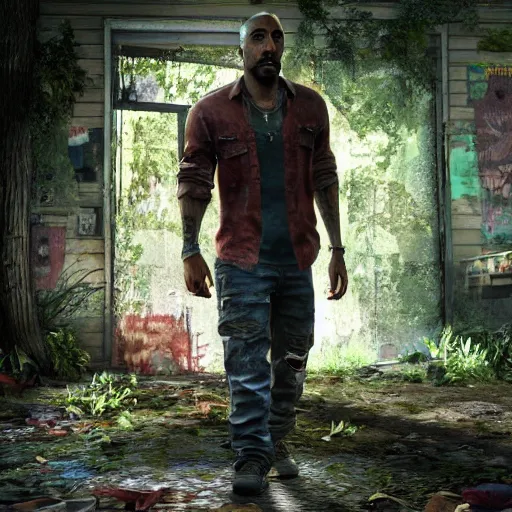 Image similar to high quality 8k screenshot of tupac shakur inThe Last Of Us, 8k full body model very rusty torn out texture