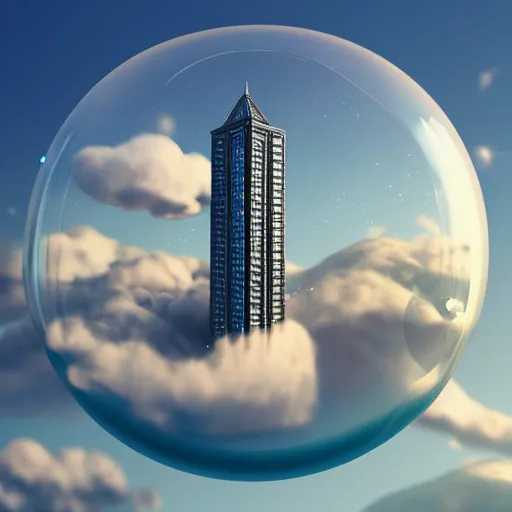 Prompt: miniature skyscraper inside a bubble, floating on clouds, realistic 3 d render, unreal engine, gardens, maya, 8 k, smooth, sharp focus, octane, twilight