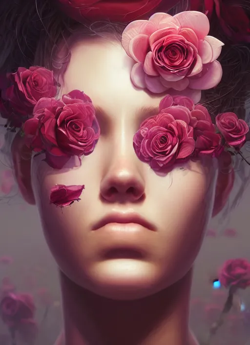 Image similar to portrait of a female face with roses instead of eyes. roses, intricate abstract upper body intricate artwork, by tooth wu, wlop, beeple, dan mumford. concept art, octane render, deviantart, greg rutkowski, cinematic arthouse, key art, hyper realism, iridescent accents