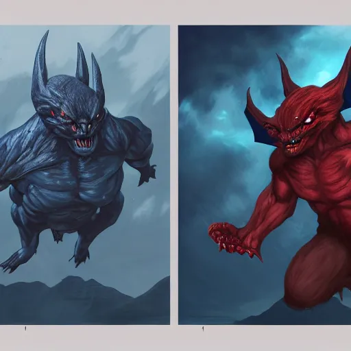 Image similar to front and back character view of scary, giant, mutant, mutated, dark blue humanoid bat, glowing red eyes, flying above a stormy ocean, sharp teeth, acid leaking from mouth, realistic, giant, bat ears, bat nose, bat claws, bat wings, furred, covered in soft fur, detailed, trending on artstation clean concept art and sheet that using unreal engine 5 render and hyper detailed 3D texture with cinematic software light 85mm f/1.4