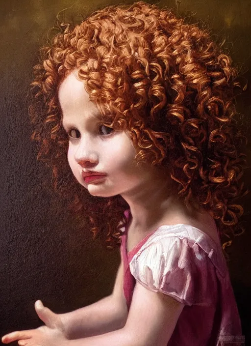 Prompt: baroque painting of a little girl with short brown curly hair. highly detailed, dramatic lighting, intense shadows, rich deep colours, by virginia vezzi