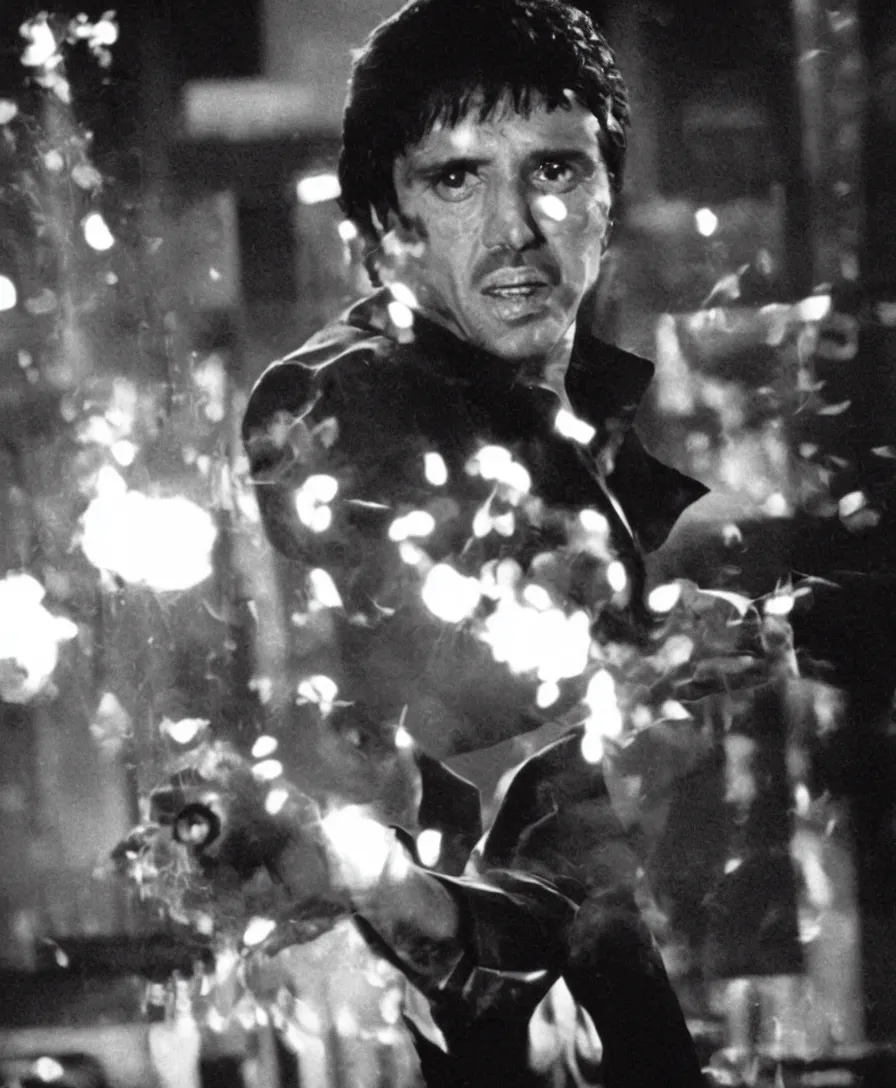 Image similar to a wide still of tony montana, scarface movie, pinterest contest winner, dynamic lighting, 1 9 8 0's,