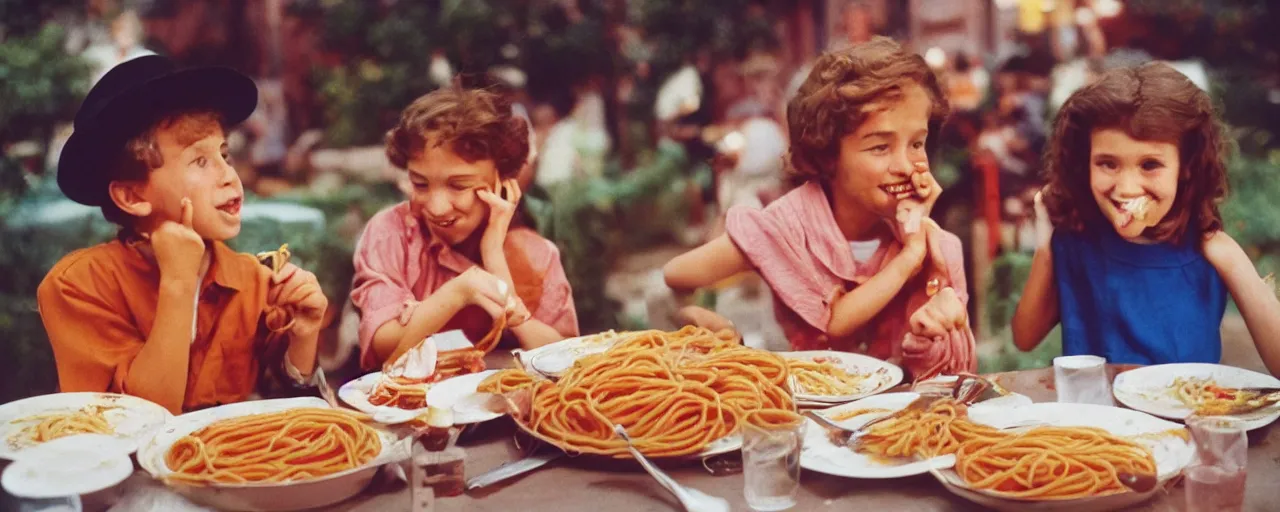 Image similar to a boy and girl on a date, sharing a plate of spaghetti kodachrome, in the style of lady and the tramp, retro