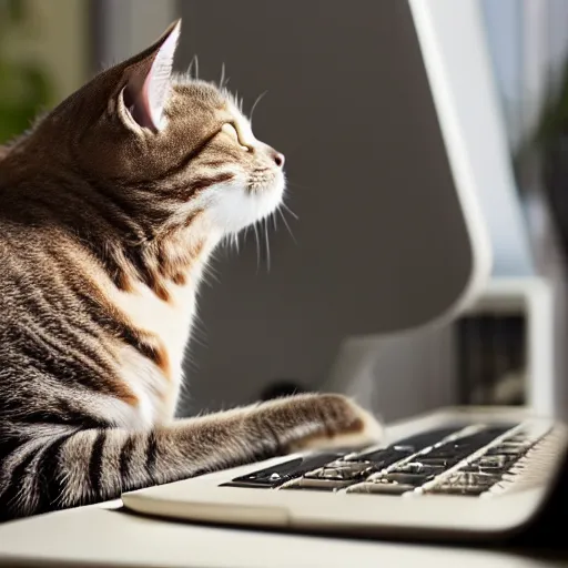 Image similar to cat working at a computer, photo, 8k.