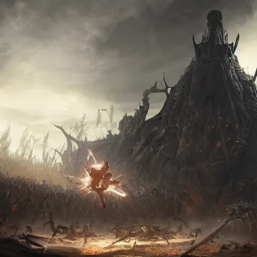 Prompt: blundering idiot accidentally wipes out an entire army with a macabre spell, epic, ( david and goliath ), cinematic, fantasy, digital art, 8 k