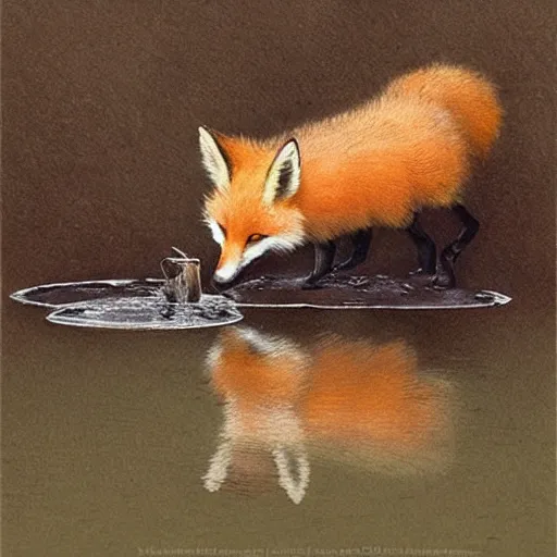 Image similar to a portrait of a cute fox drinking from a pond, by stanley lau and greg rutkowski